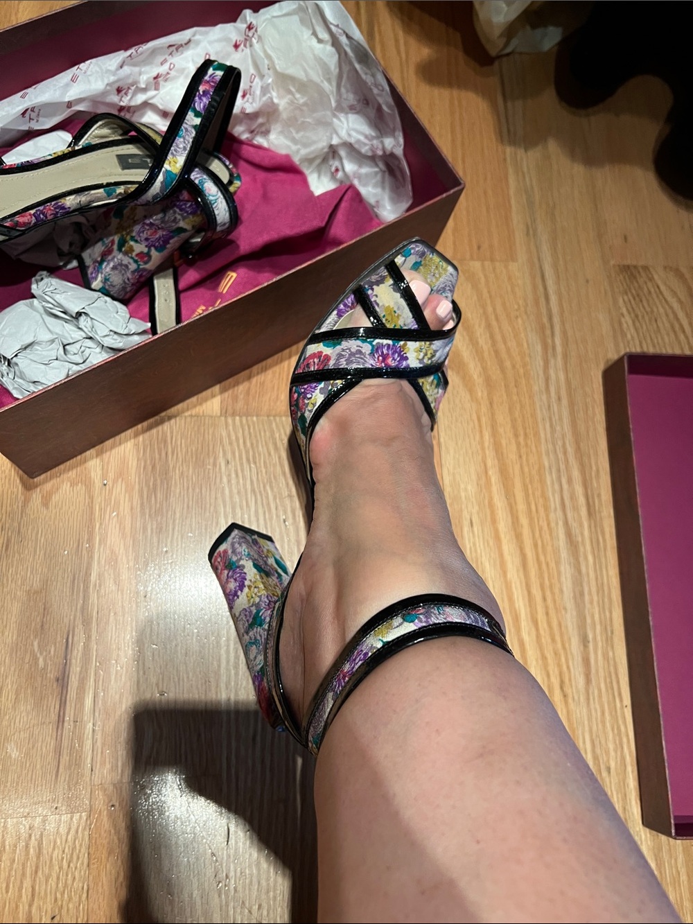 Floral Print Strappy Block Heels in Multi-Color